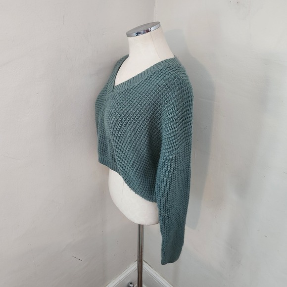 Aeropostale Womens Teal Blue Waffle Knit Cropped V-Neck Sweater Size L - Picture 5 of 5